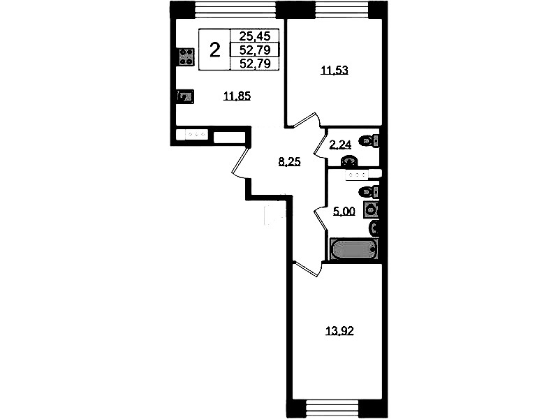 2-комнатная квартира 52.79 м², 3/5 эт., ЖК «Plus Пулковский»